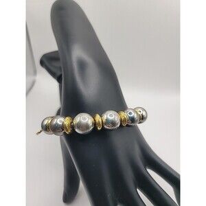 Vintage Gray Beaded Stretch Bracelet Gold Tone Spacers Classic Beaded Jewelry